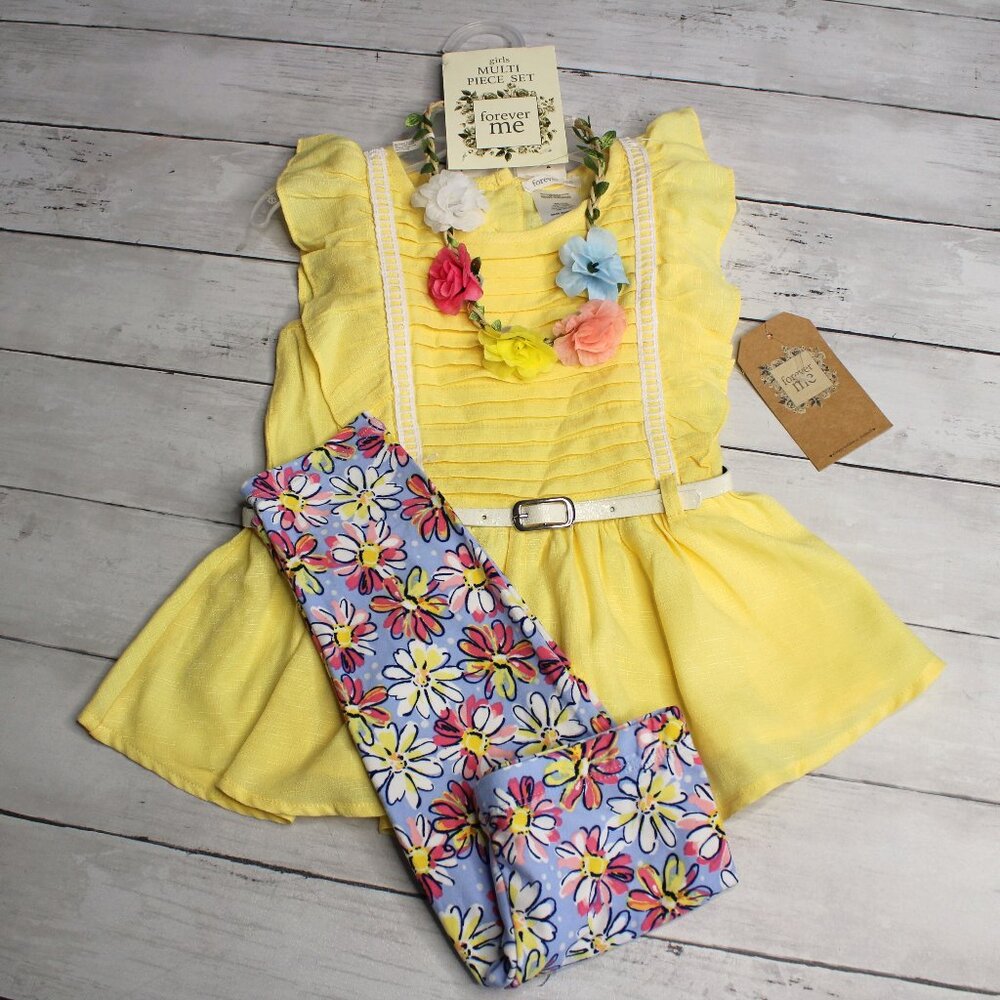Forever Me Girl Tunic Top Leggings Set Size 2T Yellow Floral
